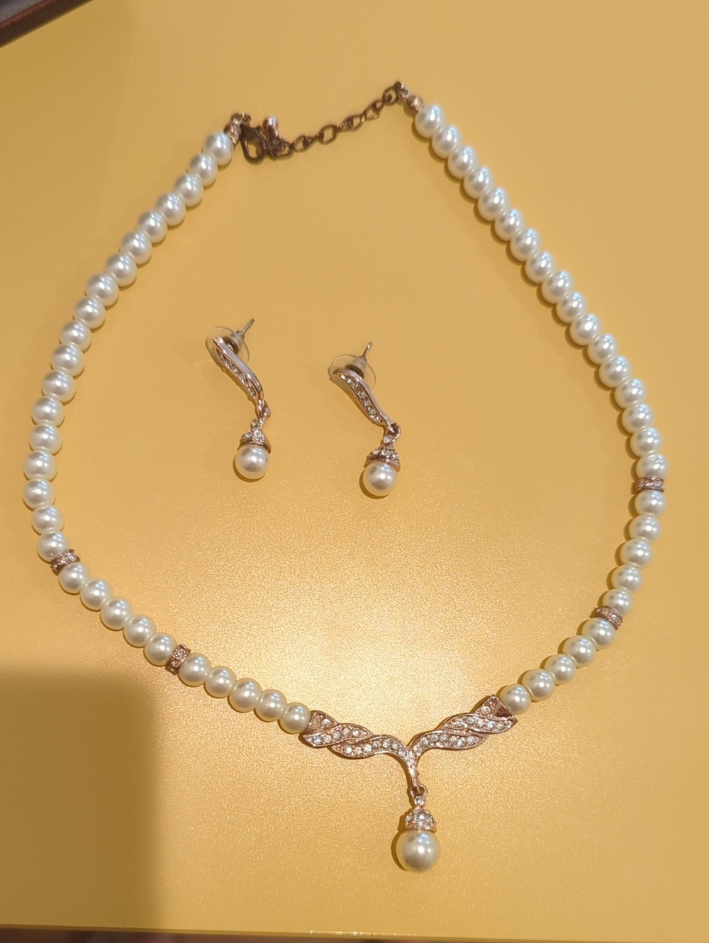 Elegant Drop Necklace & Earrings Set - Faux White Pearls with Rose Gold Accents